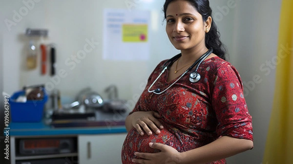 Fototapeta pregnant woman in red patterned dress with stethoscope, smiling warmly