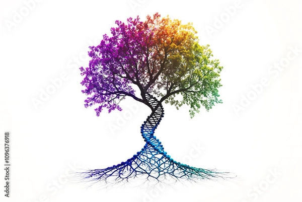 Fototapeta Colorful tree with a DNA helix design represents the connection between nature and science