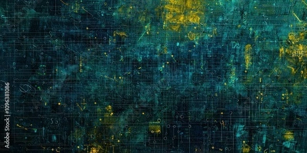 Obraz A textured digital background featuring abstract elements like code snippets, security locks, and hacker motifs, perfect for use in tech-related projects.