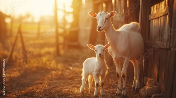 Fototapeta Warm Light of a Mother Goat with Her Kid in a Barn