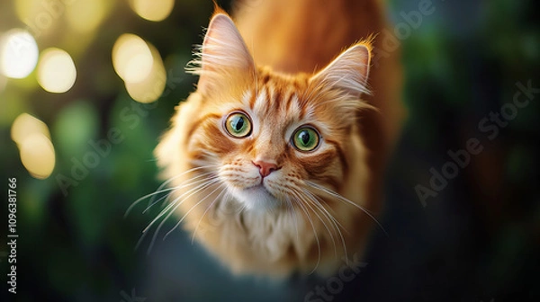 Fototapeta Charming Banner Featuring Curious Cat with Large Eyes Gazing Intently Amidst Bright Leaves and Warm Glow Serenity