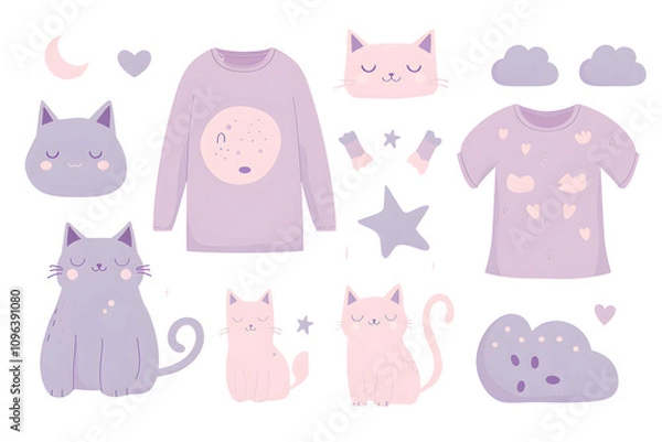 Fototapeta A whimsical collection of cute cat illustrations and clothing items in pastel purple tones.