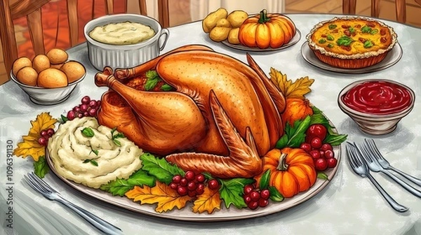 Obraz Celebrating Thanksgiving with dinner on the table