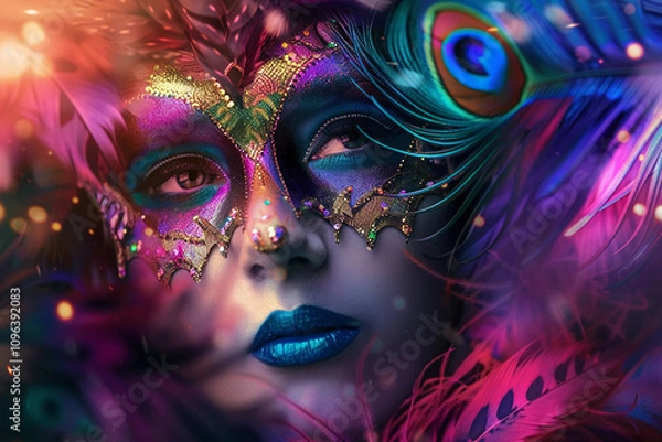 Fototapeta Beautiful greeting card with bright holiday composition for happy celebrate mardi gras