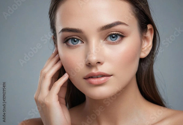 Fototapeta beautiful woman perfect clean skin touching her face showing smooth and soft texture facial contour gray background this image represents beauty concept for spa cosmetic advertising copy space