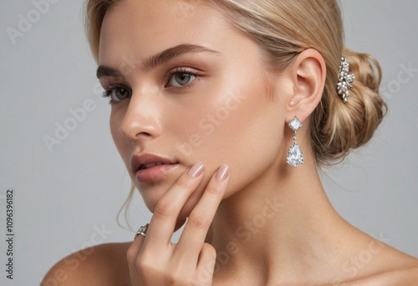 Fototapeta Minimalist jewelry model poster image light solid color background blank left close-up blonde latin beauty touching her side face.