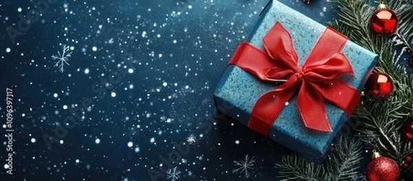 Fototapeta Festive blue Christmas gift box with a red ribbon and bow surrounded by snowflakes and holiday decorations on a dark background