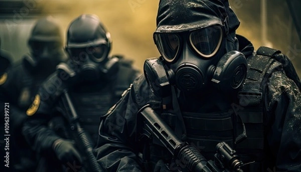 Obraz Fully armored elite soldiers equipped with tactical gear and gas masks navigate through a hazardous area, showcasing their precision and readiness in a critical mission