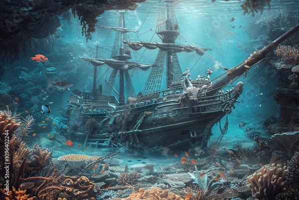 Fototapeta Underwater view of an sunken ship on seabed with fish swimming around