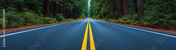 Fototapeta  Highway winds through a redwood forest, with giant trees towering over the road, captured in 8K resolution. The scene is rendered with ultra-realistic detail and perfect focus.