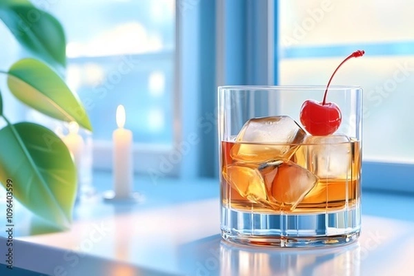 Obraz A glass of whiskey with ice cubes and a cherry, simple flat illustration style, retro colors