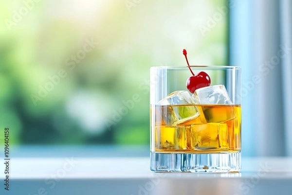 Obraz A glass of whiskey with ice cubes and a cherry, simple flat illustration style, retro colors