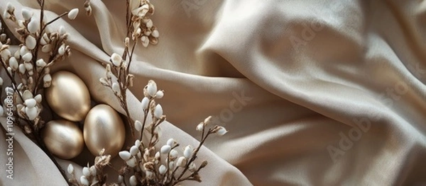 Fototapeta Elegant Easter decorations with golden eggs and delicate flora on soft fabric background, featuring space for personalized text.