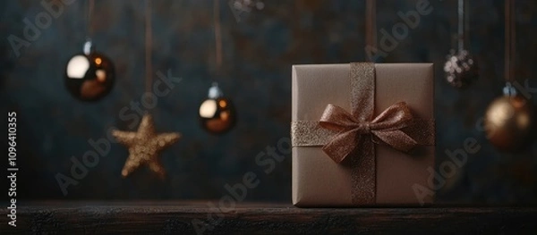 Fototapeta Elegant gift box with golden ribbon on rustic wooden table surrounded by decorative ornaments and blurred festive background for celebrations