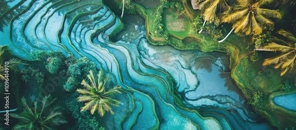 Fototapeta Aerial view of vibrant terraced rice fields with lush greenery and tropical palm trees creating a stunning landscape mosaic.