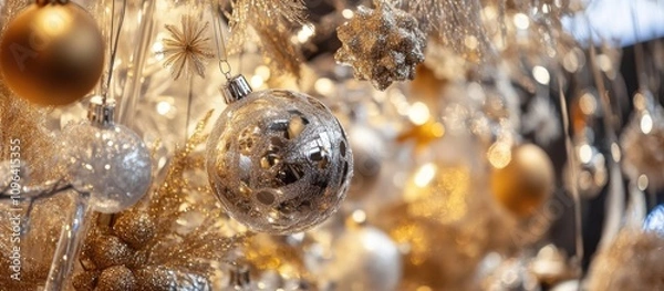 Fototapeta Elegant holiday decorations featuring golden and silver ornaments for a festive New Year celebration ambiance.