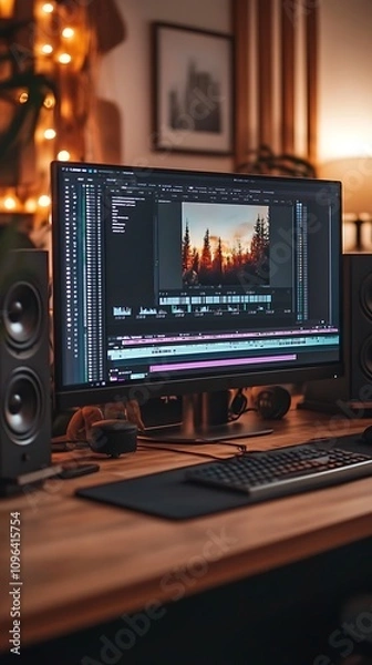 Fototapeta Computer displaying video editing software surrounded by cozy creative workspace.
