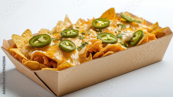 Obraz Box of Nachos with Melted Cheese and Jalapeños