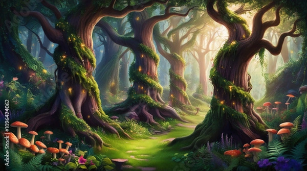 Fototapeta a lush painting of a fairy tale enchanted forest,