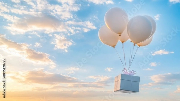 Fototapeta Gift Box Floating in Sky with Balloons at Sunset