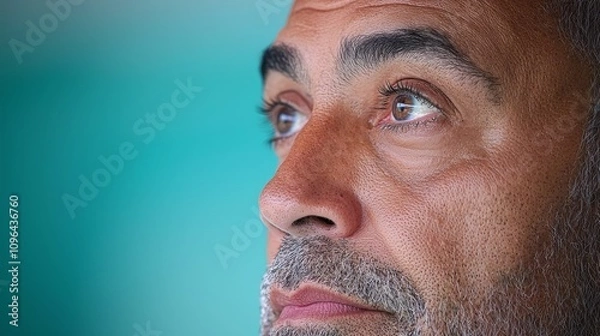 Obraz   a close up of a man's face with a beard and blue eyes, set against a blurred background