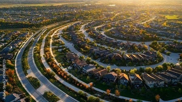 Fototapeta Aerial view of a suburban neighborhood at sunset, showcasing winding roads and colorful foliage.