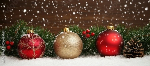 Obraz Festive Christmas scene with decorated ornaments on spruce twigs set against a serene snowy background for holiday-themed visuals.