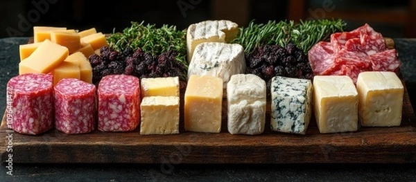 Fototapeta Assorted artisan cheeses and cured meats displayed on a rustic wooden board with fresh herbs showcasing gourmet dairy products and healthy eating.