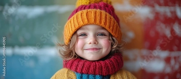 Fototapeta Joyful boy in winter attire smiling with colorful backdrop, expressing excitement for approaching holiday season and festive spirit.