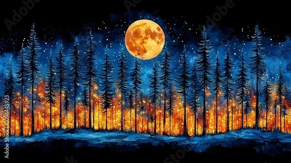 Obraz Enchanting Moonlit Forest Landscape with Glowing Autumn Foliage and Starry Skies