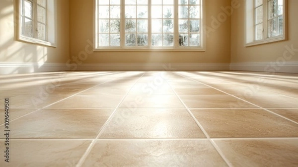 Obraz  an empty room with a tiled floor and two windows, through which we can see trees and a building in the background