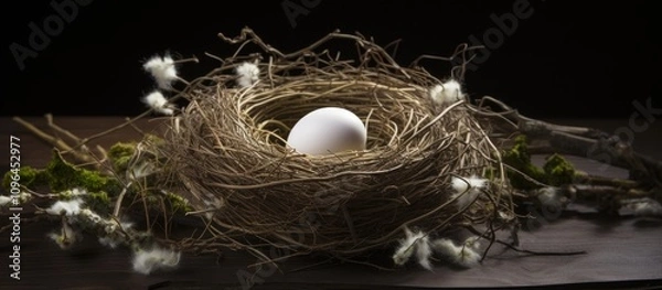Fototapeta Easter nest with a white egg surrounded by natural elements on a dark background for festive and seasonal themes