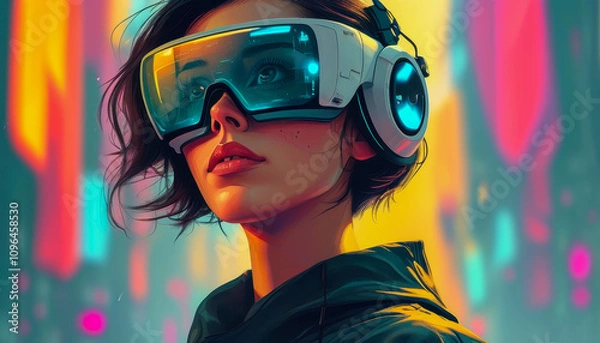 Fototapeta Colorful image of a woman in a virtual reality headset, VR glasses, the concept of modern technologies and innovations
