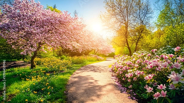 Fototapeta A Beautiful Early Spring Day Along a Winding Dirt Path in a Vibrant Park Surrounded by Trees and Shrubs Under Clear Sunny Skies