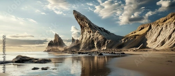 Fototapeta Majestic beach landscape featuring unique rock formations and calm waters during sunset in a serene coastal environment.