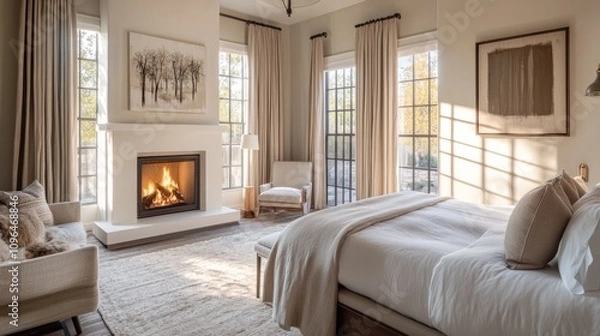Fototapeta Spacious bedroom with a white fireplace surrounded by modern decor, soft billowing curtains framing large windows, and warm natural light