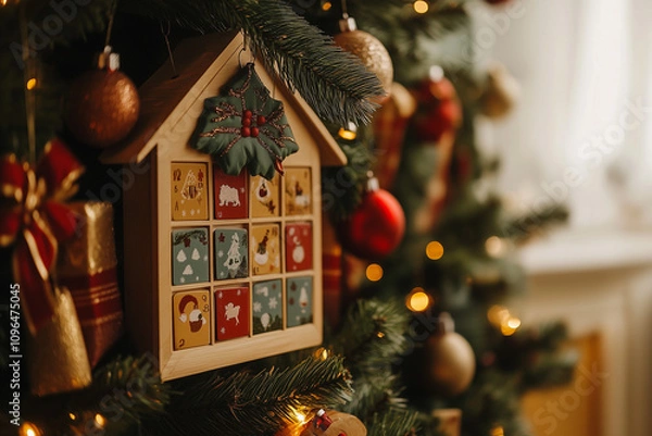 Fototapeta Christmas Calendar Adorns a Festive Tree, Bringing Joy and Anticipation to the Holiday Season in a Cozy Indoor Setting
