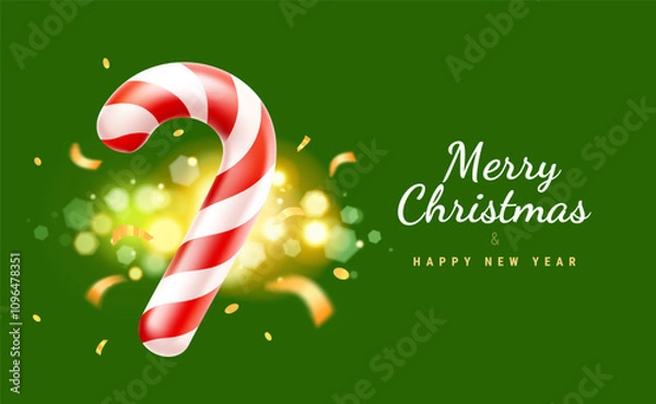 Fototapeta Vector illustration of realistic christmas candy cane on green background with bokeh and gold bokeh. 3d cartoon style design of red and white striped candy cane. Winter gift with text Merry Christmas