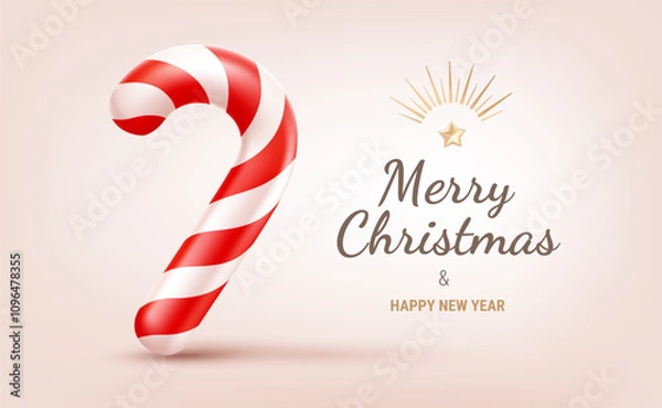 Fototapeta Vector illustration of realistic christmas candy cane on light background with text Merry Christmas and Happy New Year. 3d cartoon style design of red and white striped candy cane. Winter sweet gift