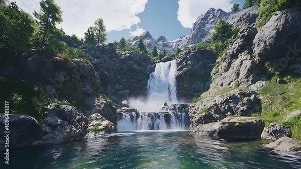 Fototapeta 8. A cascading waterfall flowing down a rocky mountain face into a crystal-clear river
