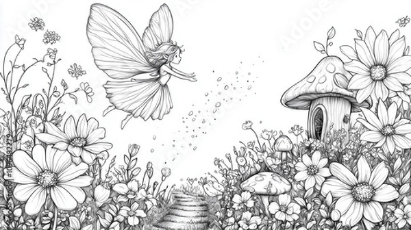 Obraz Coloring page of Enchanting Fairy in a Magical Garden with Flowers and Mushrooms