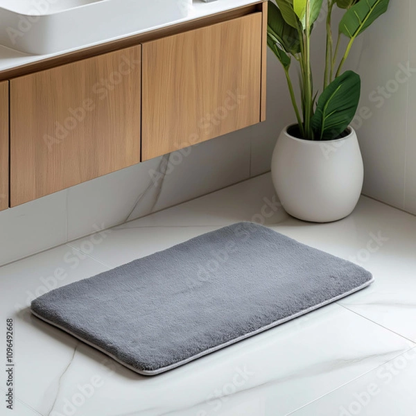Obraz Soft gray bath mat placed on bathroom floor near wooden cabinet and plant. This cozy mat adds comfort and style to any bathroom decor
