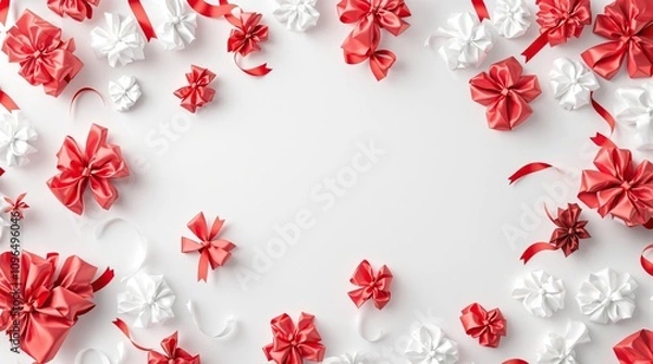 Fototapeta A cluster of white and red gift bows scattered on a white background, gift accessories, decorative layout, Christmas decor, red and white colors, holiday pattern
