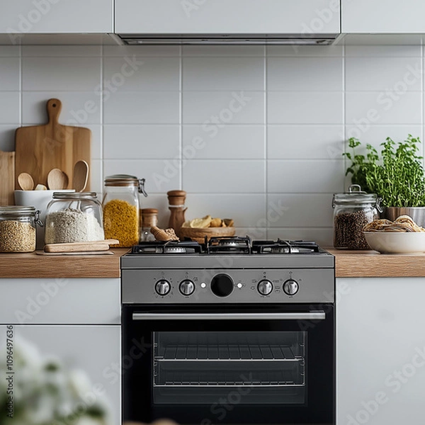 Obraz Modern kitchen with gas stove, wooden countertop, and organized jars