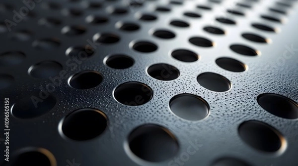 Fototapeta Industrial metallic surface with perforated circular pattern, displaying brushed aluminum texture and geometric grid design with polished chrome finish and professional lighting.