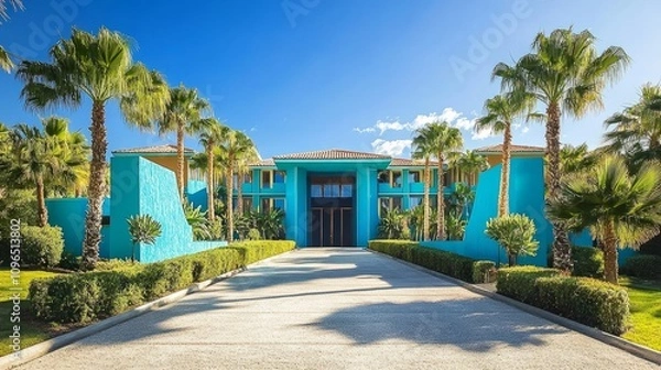 Fototapeta Chic Palm Springs residence showcasing a blue facade, turquoise trim, and a palm-lined driveway under a bright, sunny sky