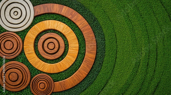 Fototapeta Circular wooden patterns on green grass create harmonious design