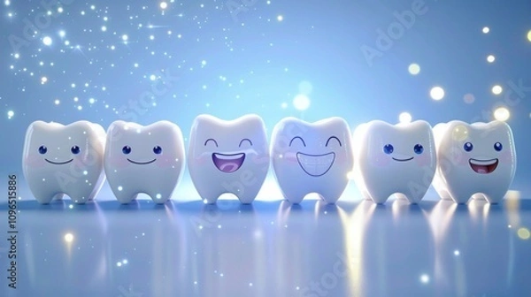 Fototapeta Row of cute smiling teeth with happy faces on a glowing blue background with sparkles. 3D illustration in playful style. Oral hygiene and dental care concept. Generative AI
