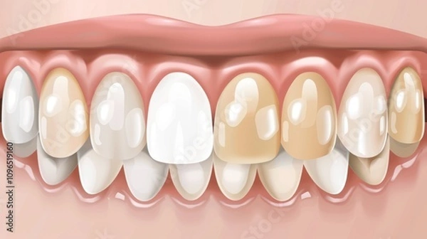 Fototapeta Illustration of teeth showing whitening progression from stained to clean. Detailed depiction of enamel discoloration and dental care improvement for oral hygiene education. Generative AI