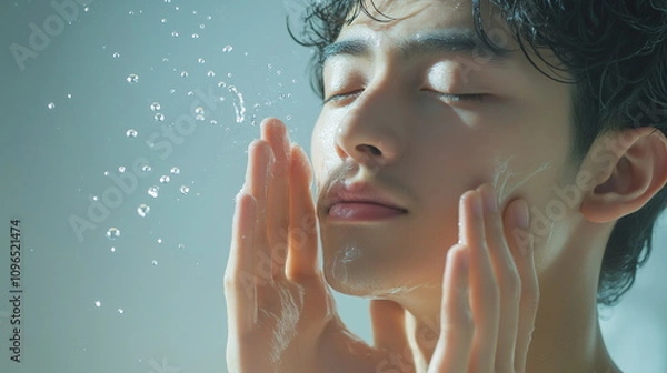 Obraz 両手で顔を包み込むように頬に手を当ててスキンケアしているアジア系男性の画像